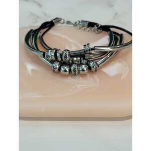 Leather Bracelet with Curved Silvertone Cylinder